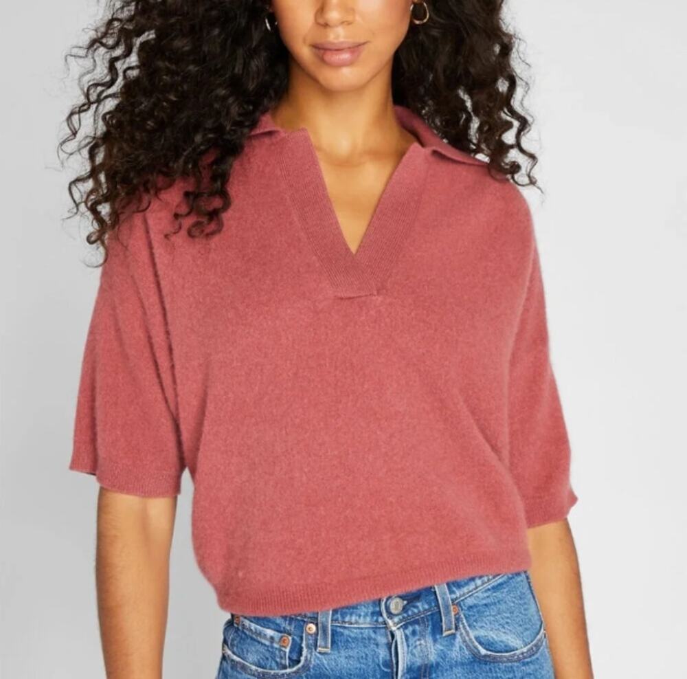 Club Monaco Short Sleeve Boxy Polo Collar Cashmere Sweater Small Oversized
